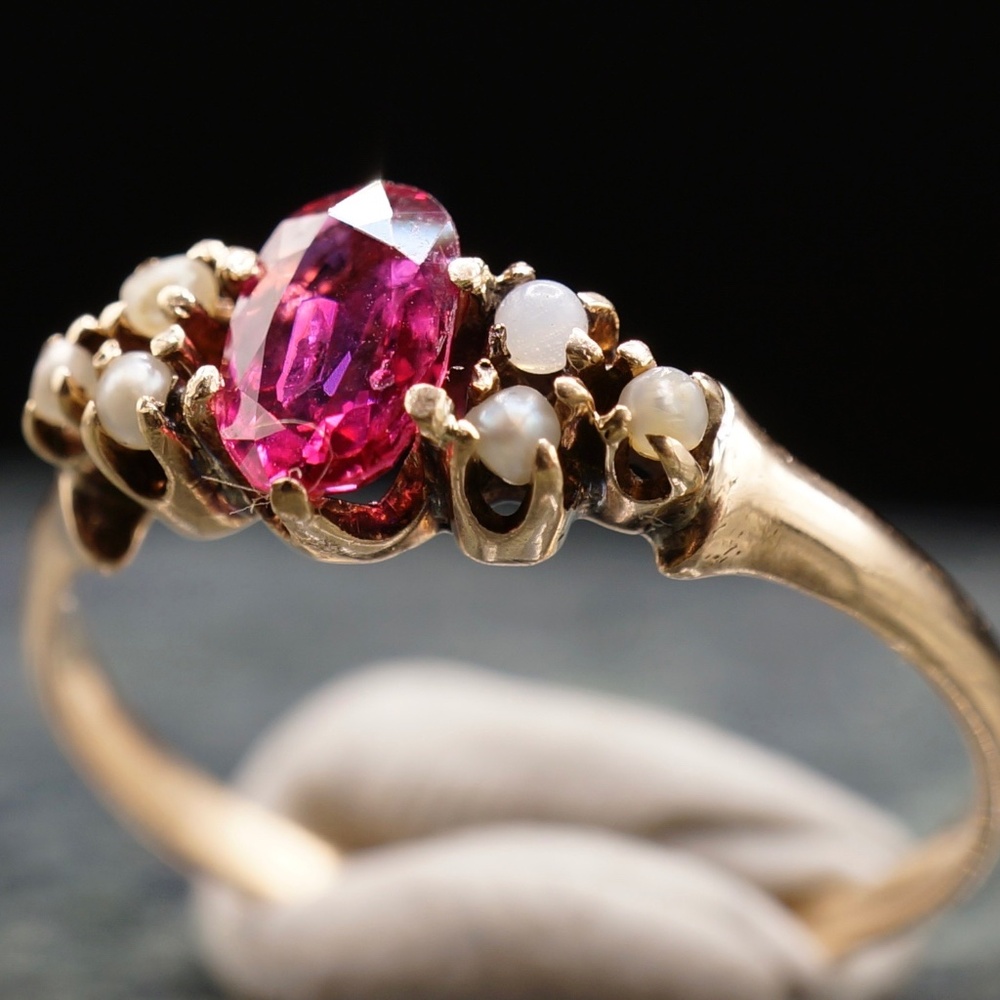 c.1880 Victorian Engagement Ring .52ct 6.5x4mm Natural Ruby Seed Pearls 14k